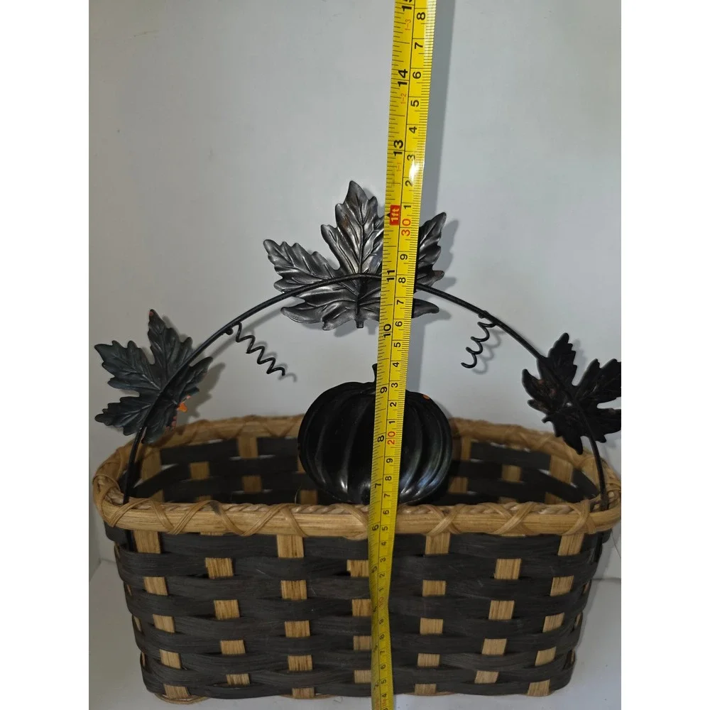 Vintage 1990s Harvest Basket Woven Wicker Pumpkin Maple Leaf Metal Handle Decor